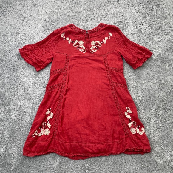 Free People Dress Womens Medium Red A Line‎ Floral Embroidered Lace Cotton Light - Picture 1 of 8